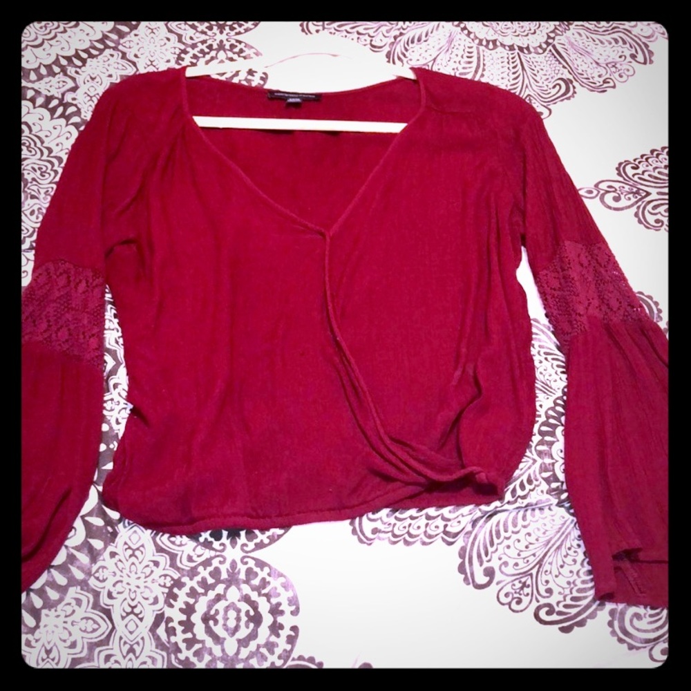 Cute Faux Wrap Belle Sleeves Shirt from AE